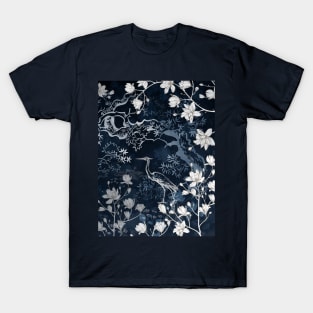 Heron bird on dark background with magnolia e sakura tree T-Shirt